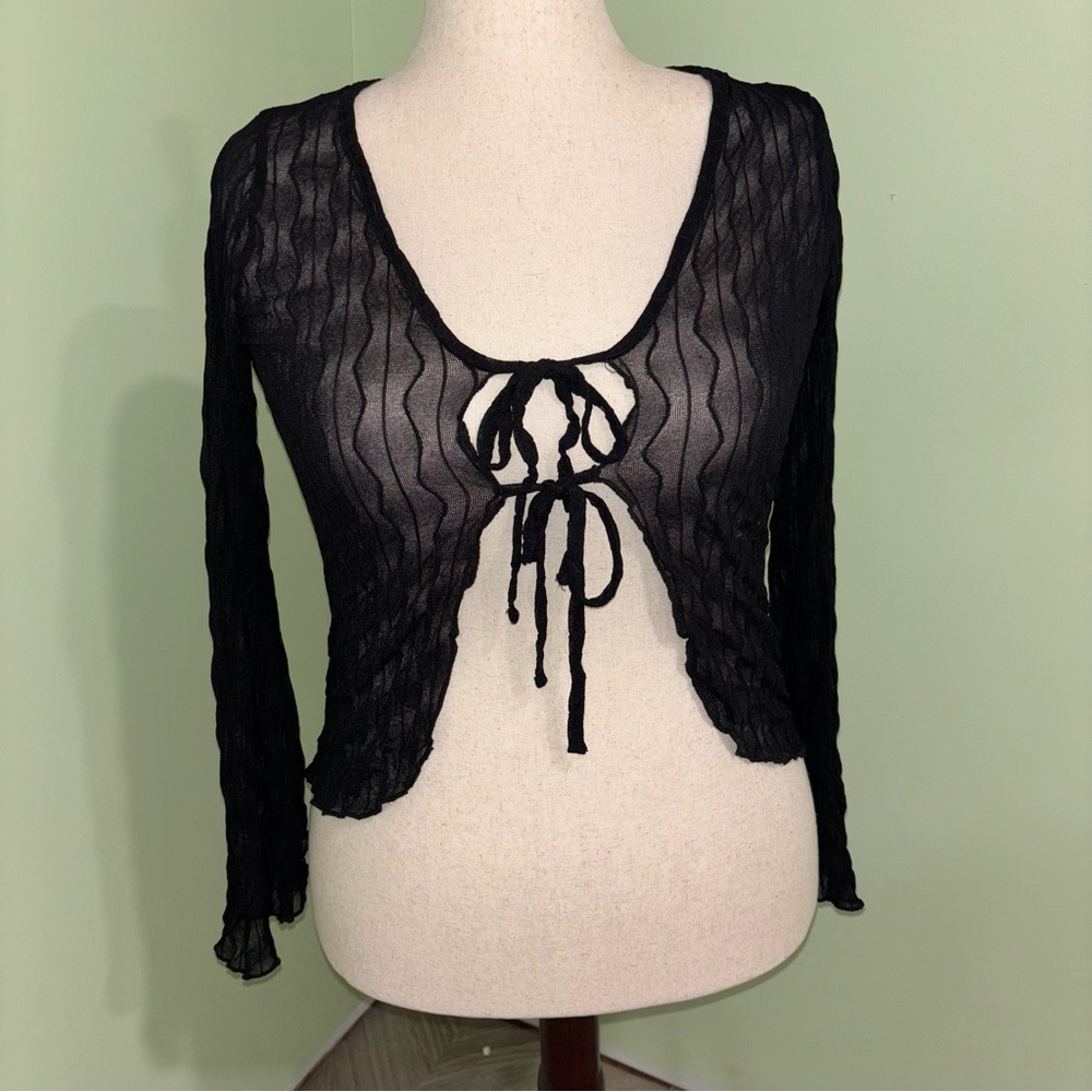 London Rose Black Sheer Textured Knit Tie Front Bell Sleeve Blouse Women’s Sz S